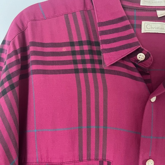 90s y2k CHRISTIAN DIOR mens pink plaid button up shirt cotton XL preppy classic - Picture 5 of 9